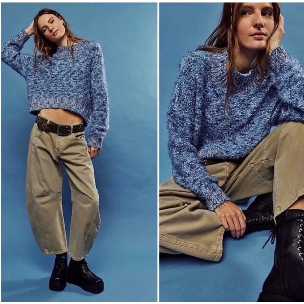 Free People Sweater Women Medium Blue Confetti Eyelash Mockneck OB841656